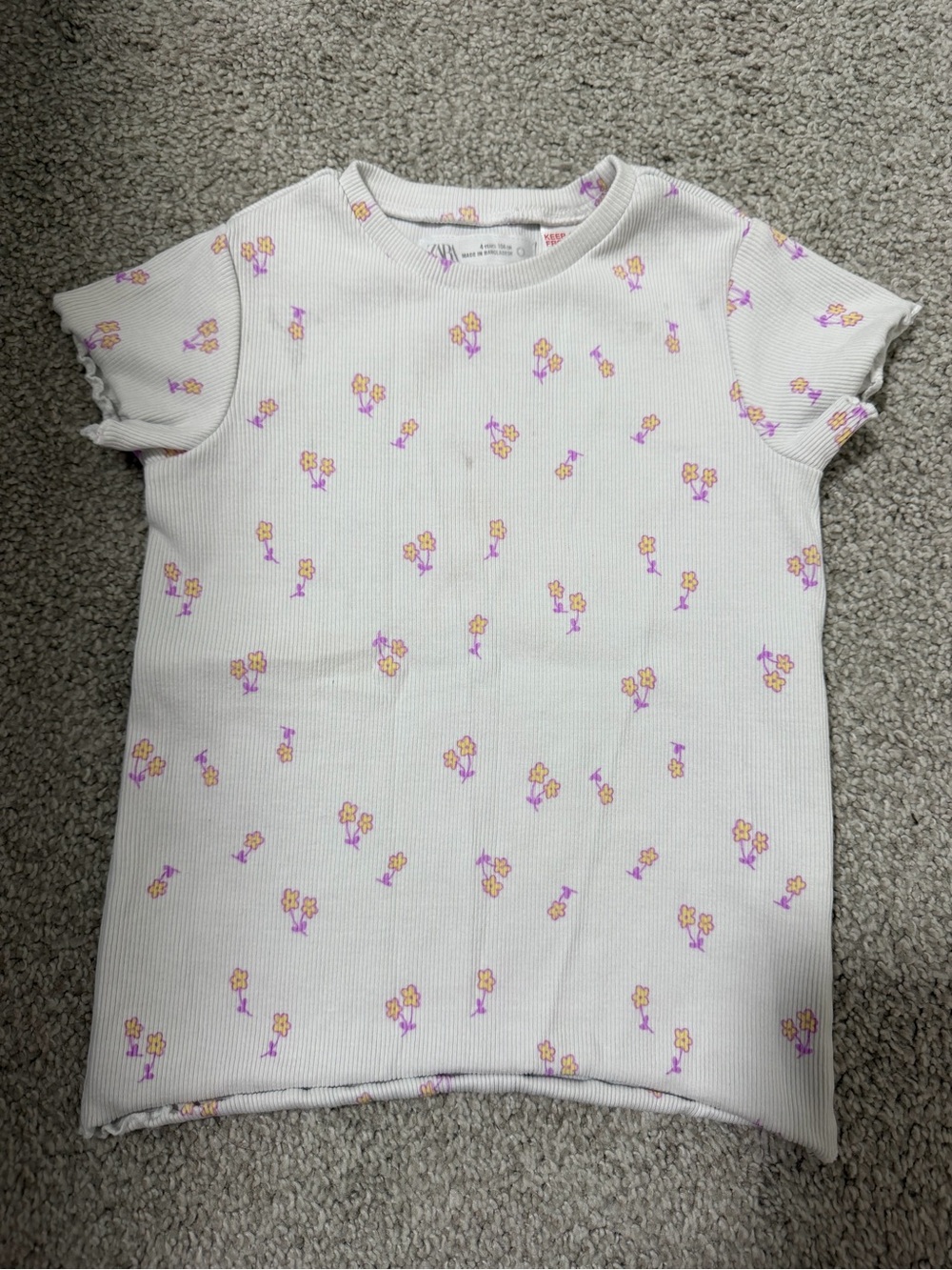 Zara Kids White  Ribbed Tee with Pink & Yellow Flowers